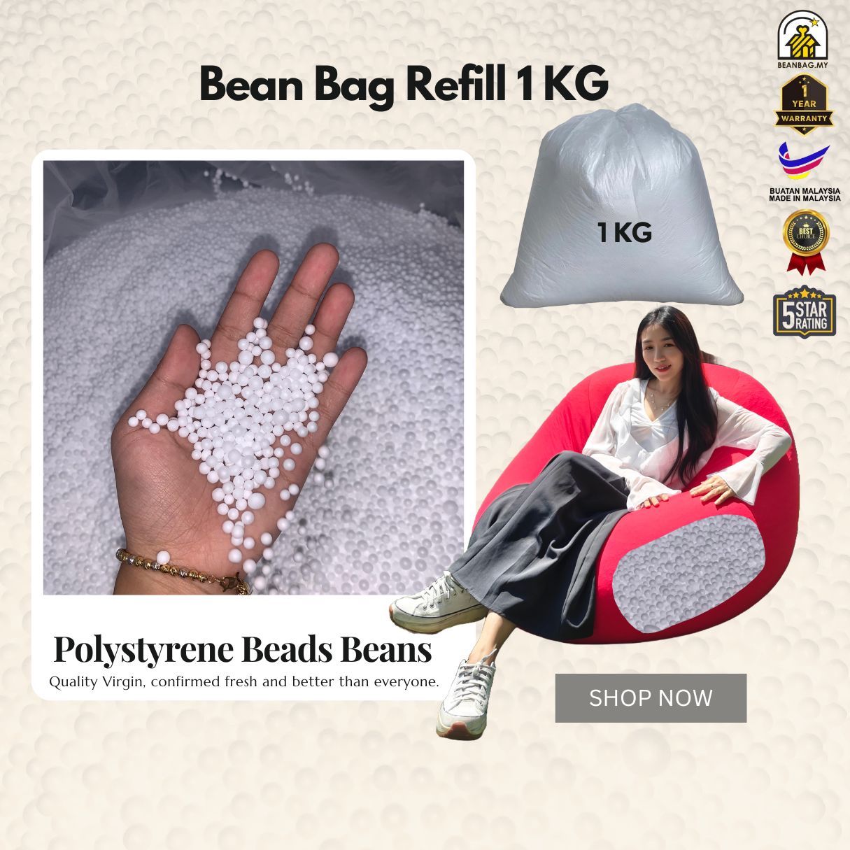 Premium Bean Bag Refill Beans 1KG - EPS Beads Malaysia